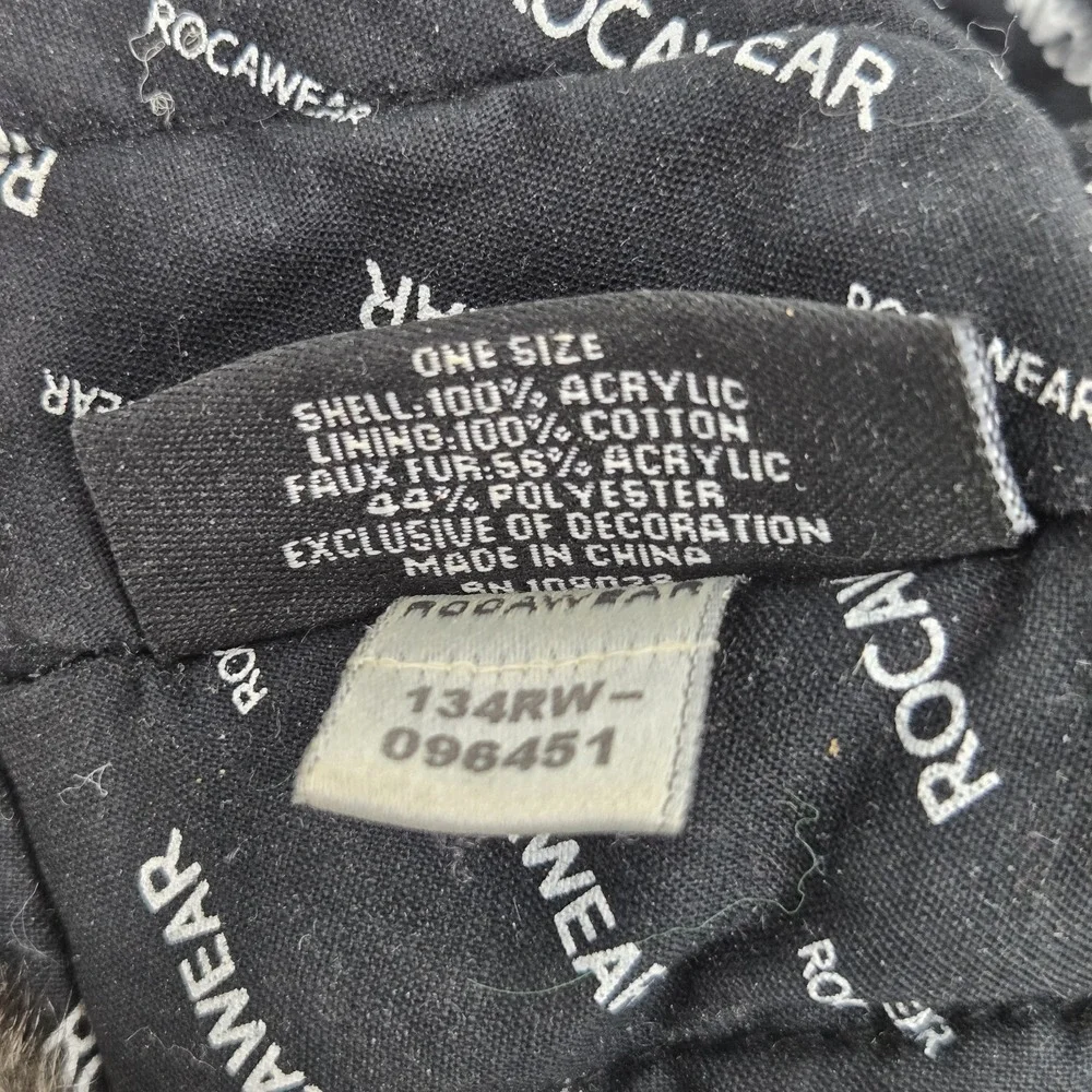 Vtg Rocawear Trapper Hat Faux Fur Ushanka Y2K‎ Cyber Goth Streetwear Black Gray